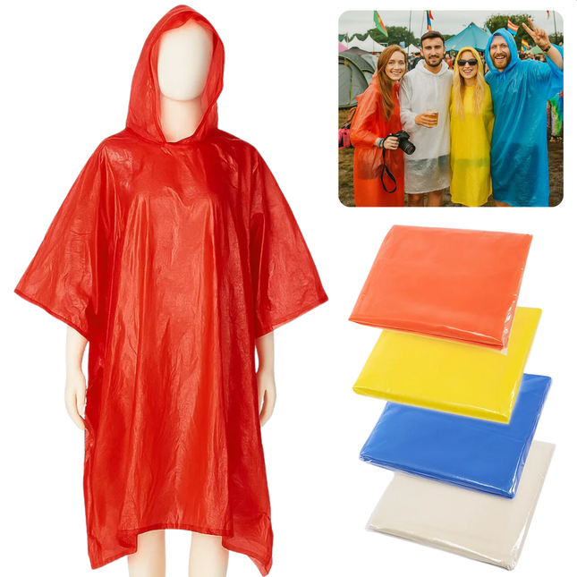 Cheqo® Transparante Poncho - Poncho Voor Volwassenen - Kunststof Poncho - Festival Poncho - Regenponcho - Waterdichte Poncho - Regen Poncho Festival - Willekeurige Kleur Poncho - Poncho Multicolor - Regenponcho Volwassenen