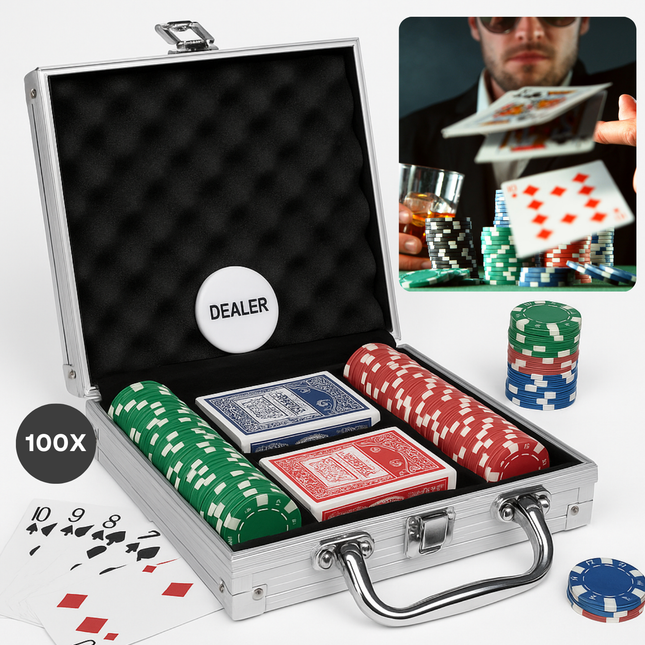 Cheqo® Poker Set 100 Stuks - Pokeren Set - Pokerset - Pokerkoffer - Aluminium Koffer - Inclusief Kaarten en Accessoires