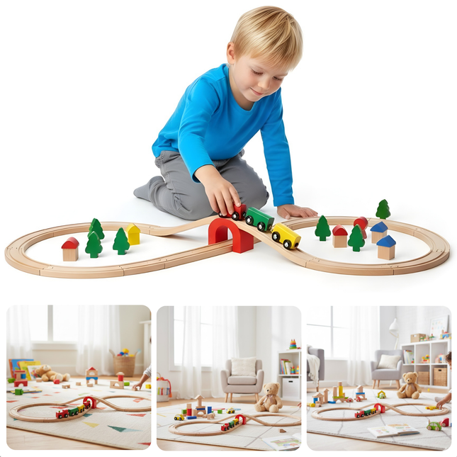 Cheqo® Houten Treinbaan - Houten Treinset - Treinbaan - Treinset - Houten Treinbaan Set - Treinbaan met Trein - Treinbaan met Accessoires - Treinset 20 Delig - Treinbaan Vanaf 18 Maanden