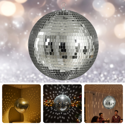 Cheqo® Kerst Discobal - Spiegelbol 50 CM - Zilver Spiegelglas - Disco Bal Zilver - Eenvoudig Op Te Hangen - Kerstversiering - Feestdagen Decoratie - Discobal Ornament - Spiegelglas Discobal - Kerstdecoratie