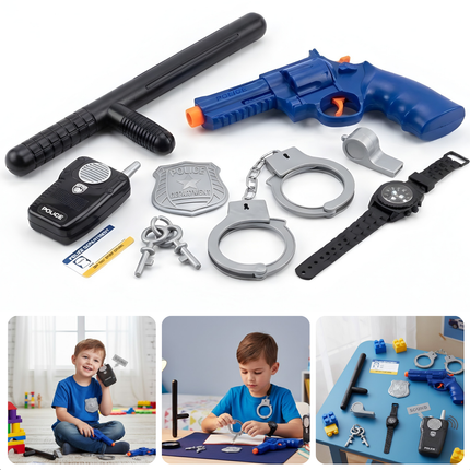 Cheqo® Politie Verkleedset - Politie Verkleed Accessoires - Politie Speelset - Politie Accessoires Set - Politiepet met Accessoires - Walkietalkie Speelgoed - Speelgoed Handboeien - Politie Set Kinderen
