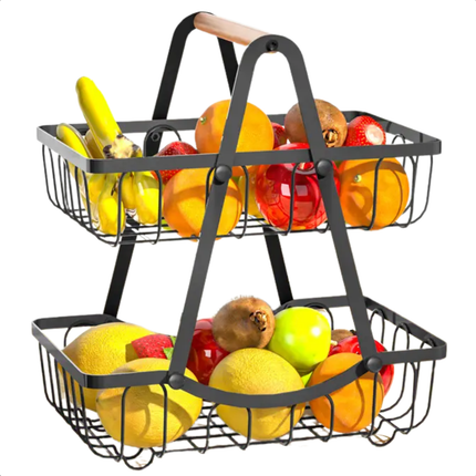 Cheqo® Fruitrek - Zwart Metaal & Hout - 2 Lagen - Moderne Etagere - Fruitmand - Fruitschaal - Keukenorganizer - Aanrecht Organizer - Keuken Bureau Organizers – Aardappelbak - Keukenopslag - 43 cm