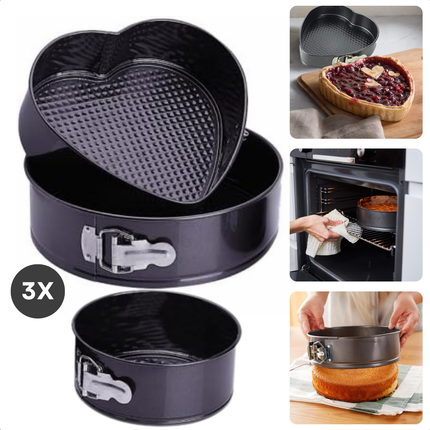 Cheqo® Springvorm Set 3-Delig - Ovenbestendig - Hartvormig en Ronde Bakvormen - Bakvorm set - Springvorm - Cakevorm - Bakvormen - Hartjes Taartvorm - Zwart
