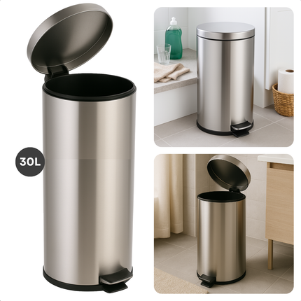 Cheqo® RVS Pedaalemmer 30L - Prullenbak - Afvalbak - Prullenmand - Vuilnisbak - Met Binnenemmer en Anti-slip