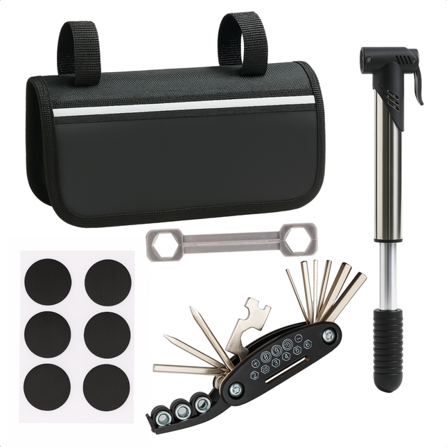 Cheqo® Fietsgereedschapset 14-Delig - Fietsgereedschap - Fietsmateriaal - Toolset - Gereedschapset - Reparatieset Fiets - Compacte Reparatieset met Mini Fietspomp - Inclusief Opbergtas