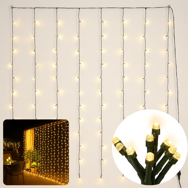 Cheqo® Gordijnverlichting Warm Wit - LED Gordijn - Watervaleffect - 220 LED Lampjes - 200x100 Cm - Lichtgordijn Binnen En Buiten - Kerstverlichting - Transparante Kabel - IP44 Bescherming - 5 Functies Geheugen - Ijspegel Verlichting