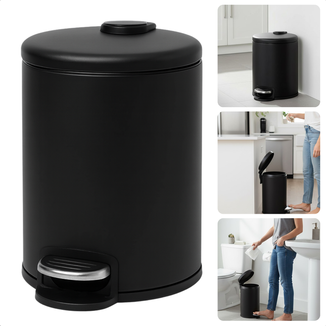 Cheqo® Pedaalemmer 12 Liter - Mat Zwarte Prullenbak - Metalen Pedaalemmer - Kunststof Pedaal - Uitneembare Binnenemmer - Anti-Slip Bodem - Geschikt Voor Keuken - Geschikt Voor Kantoor - Pedaalemmer Met Deksel - Compacte Pedaalemmer