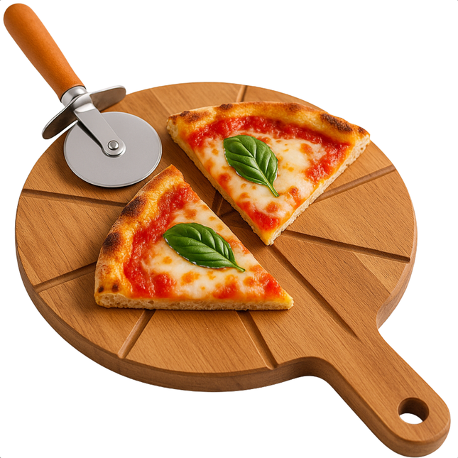 Cheqo® Pizza Snijplank - Pizzaplank - Pizza Plank - Acaciahout Snijplank - Pizzabord Met Groeven - Pizzasnijder Inbegrepen - Snijplank Met Handvat - Ophangoog Snijplank - Pizza Serveren