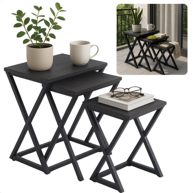 Cheqo® Moderne Bijzettafels Set - Salontafel Set - Tafelset - Bijzet Tafel Set - Bijzettafel Zwart Metaal & MDF - X Design - 3 Stuks