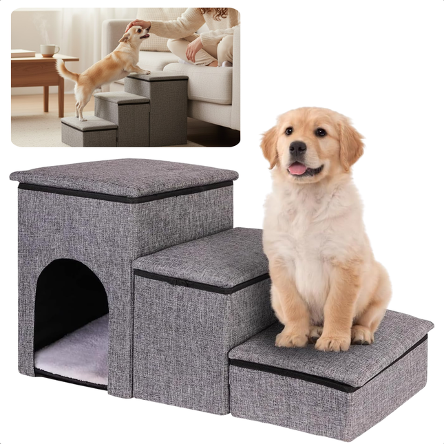 Cheqo® Opvouwbaar Hondentrap - Trapje Voor Huisdieren - Drie Compartimenten - Ingebouwde Mand - Opbergruimte Voor Speelgoed - Oxford Materiaal - MDF Constructie - 4200 Gram Gewicht - Huisdier Trap - Kleine Honden Trap