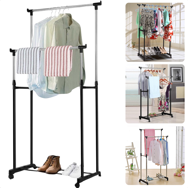 Cheqo® Verstelbaar Kledingrek - Garderoberek - Kledingkast - Kleding Rek - Dubbele Stangen - Verrijdbaar - Staal - Met Schoenenrek