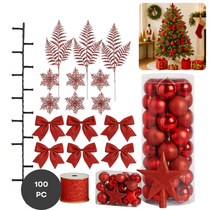 Cheqo® Kerstversiering Set - Rode Kerstdecoratie - Kerstboom Versiering - Kunststof Kerstballen - Luxe Decoratieset - Rode Kerstballen - Kerstboom Verlichting - Warmwitte Led-Lampjes - Onbreekbare Kerstballen