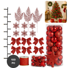 Cheqo® Kerstversiering Set - Rode Kerstdecoratie - Kerstboom Versiering - Kunststof Kerstballen - Luxe Decoratieset - Rode Kerstballen - Kerstboom Verlichting - Warmwitte Led-Lampjes - Onbreekbare Kerstballen