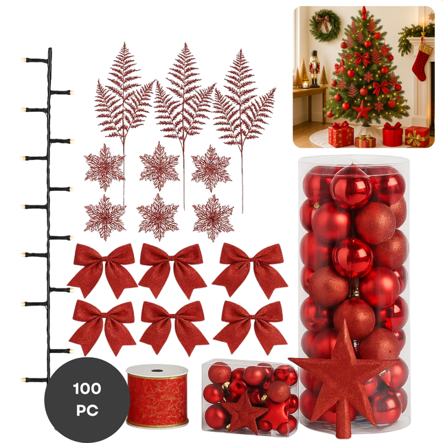 Cheqo® Kerstversiering Set - Rode Kerstdecoratie - Kerstboom Versiering - Kunststof Kerstballen - Luxe Decoratieset - Rode Kerstballen - Kerstboom Verlichting - Warmwitte Led-Lampjes - Onbreekbare Kerstballen