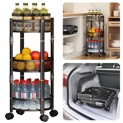 Cheqo® Keukentrolley op Wieltjes - Serveerwagen - Keukenrek - Keuken Trolley - Keukenorganizer - Zwart - Verrijdbaar 3-Laags Opbergrek - Staal - Opvouwbaar