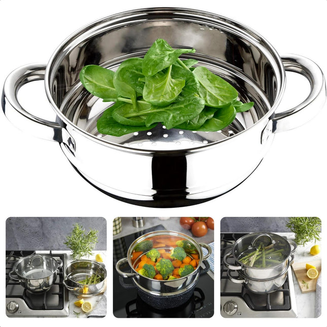 Cheqo® Multifunctionele Stomer - Ø24 cm - RVS - Ideaal voor Gezond Koken - Stomen van Groenten - Vis - Stoomkoker - Rijstkoker - Slow Cooker - Stoompan stoomkokers