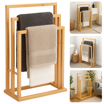 Cheqo® Handdoekenrek Badkamer - Handdoekrek Bamboe - Handdoek Rek Vrijstaand - Zonder Boren - 3 Hoogtes