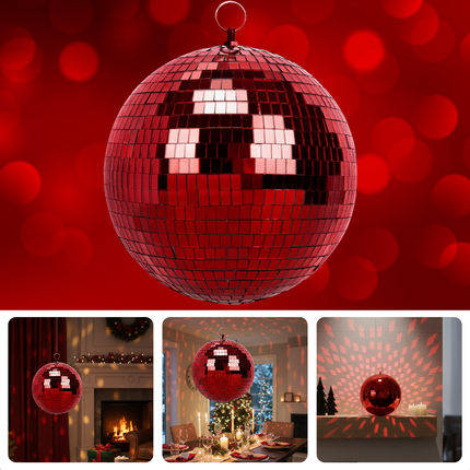 Cheqo® Kerst Discobal - Spiegelbol 30 CM - Rode Spiegelglas - Disco Bal Rood - Eenvoudig Op Te Hangen - Kerstversiering - Feestdagen Decoratie - Discobal Ornament - Spiegelglas Discobal - Kerstdecoratie