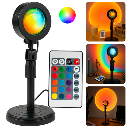 Cheqo® Sunset Lamp - 16 Kleuren - LED Projectorlamp - Afstandsbediening - Sfeerverlichting - RGB Lamp - Dimbare LED - USB-A Aansluiting - Verstelbare Hoogte - Tafellamp - Nachtlamp - Decoratief Sfeerlicht - Zonsondergang Projectie