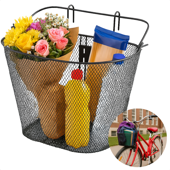 Cheqo® Fietsmand Stuur – Afneembare Metalen Fietsmand met Haken & Handvat – Zwarte Fietsmand Voorop – Voor Stadsfiets & Elektrische Fiets – Stevige Fietsmand Voor Boodschappen, Picknick, Schooltas & Jas