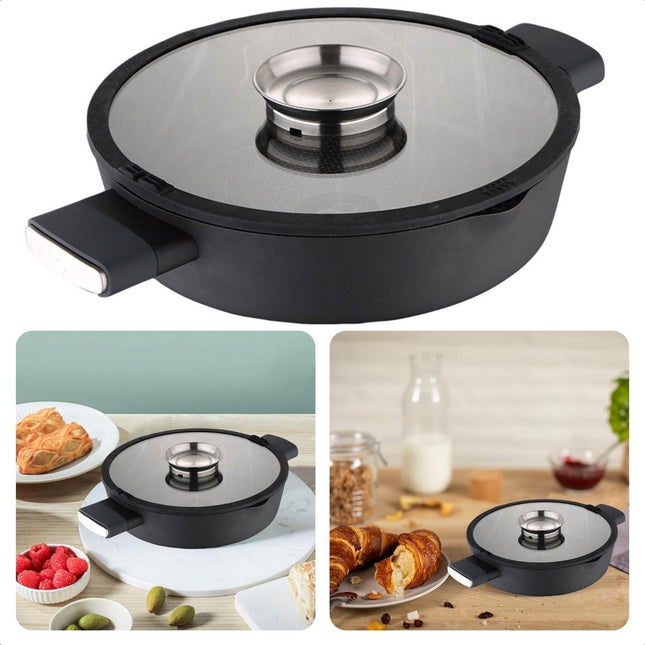 Cheqo® Infinity Chefs Braadpan 28Cm - Aromatizer Deksel - Inductie - Anti-aanbaklaag - Ergonomische Handgrepen - Glazen Deksel - 360 graden inductie - Uitloop - 3.5L - Geschikt voor alle warmtebronnen 