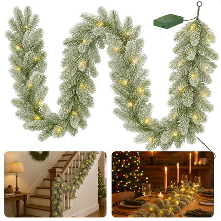 Cheqo® Guirlande Met Verlichting - Kerstguirlande - Warm Witte LED-Lampjes - 270 cm Lang - Groene Dennentakken - Frosted Afwerking - Kerstversiering - Natuurlijke Look - PE Takjes - Batterijvoeding - Deurkrans - Winterseizoen