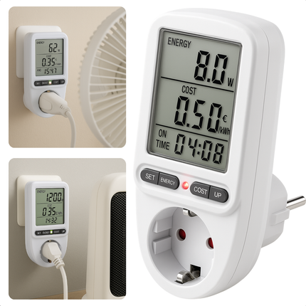 Cheqo® Energiekosten Meter voor Standaard Stopcontact – Energie Verbruiksmeter met Duidelijk Display – kWh Meter tot 3680W – Nauwkeurige Stroomverbruik Meter – Overbelastingsbeveiliging – Energie Besparen – Energiemeter
