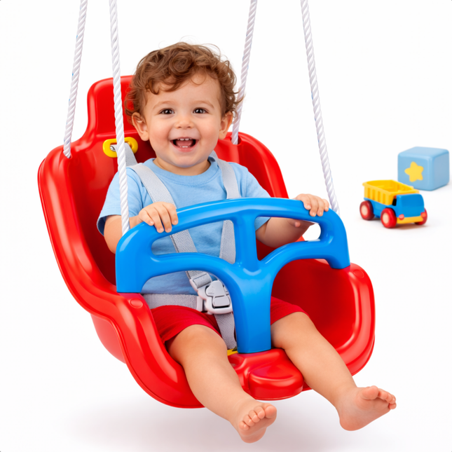 Cheqo® Schommelstoel Kinderen - Schommelstoel Baby - Schommelstoel Vanaf 12 Maanden - Schommelstoel Met Riem - Schommelstoel Met Veiligheidsbeugel - Schommelstoel Rood Blauw