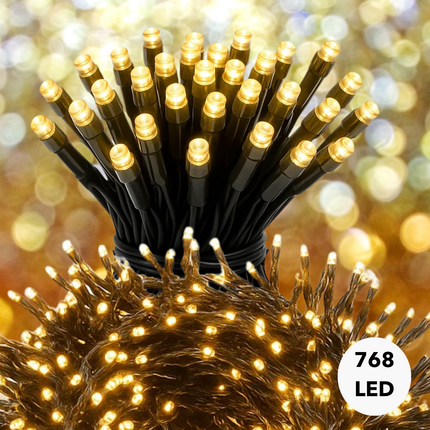 Cheqo® Kerstverlichting - Kerstlampjes - Kerstboomverlichting - Extra Warm Wit - 768 LED - 8 Lichtfuncties - Automatische Timer - Binnen en Buiten - IP44 Adapter - Zwart Snoer - 990 CM Lengte - Geheugenfunctie - Clusterverlichting