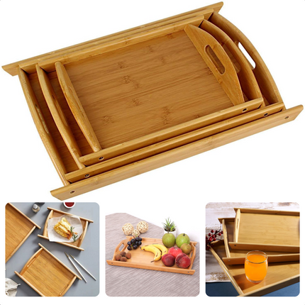 Cheqo® Bamboe Dienbladen Set - Serveerbladen Met Handgrepen - Set Van 3 Bamboe Serveerbladen - Dienblad Set - Bedtafel - Serveerblad