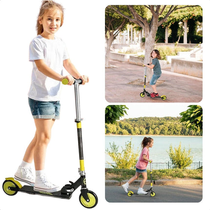Cheqo® Kinderstep Zwart / Lime - Verstelbare Hoogte - Met Voetrem - PP Wielen - Aluminium Stuur - Draagvermogen van 50 KG - Step - Jongens/Meisjes - Veilig en Stabiel - Cadeau Voor Kinderen - Speelgoed - Verhoogd Coördinatie & Balans - Opvouwbaar Kinderstepjes