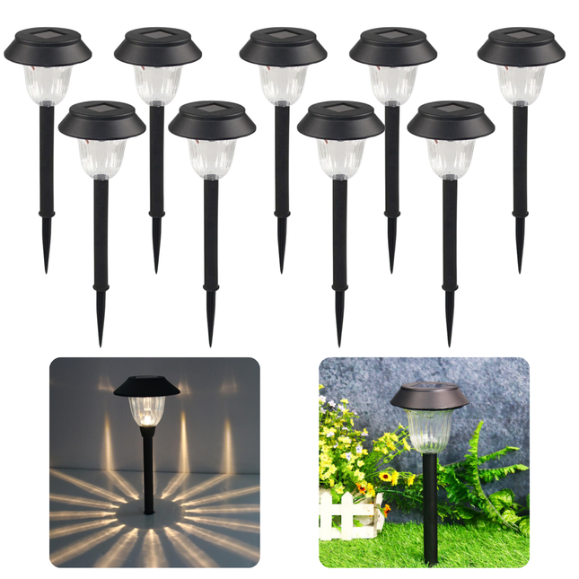 Cheqo® Solar LED padverlichting prikspots set van 9 met warme witte gloed, eenvoudig te installeren tuinlampen in zwarte kunststof.
