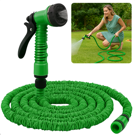 Cheqo® Flexibele Tuinslang Set 10-20M – Elastische Uitrekbare Slang – Lichtgewicht Kunststof – Sproeikop met 7 Standen – Koppelstuk Meegeleverd – Tuinbewatering – Ruimtebesparend Ontwerp – Tuin Onderhoud