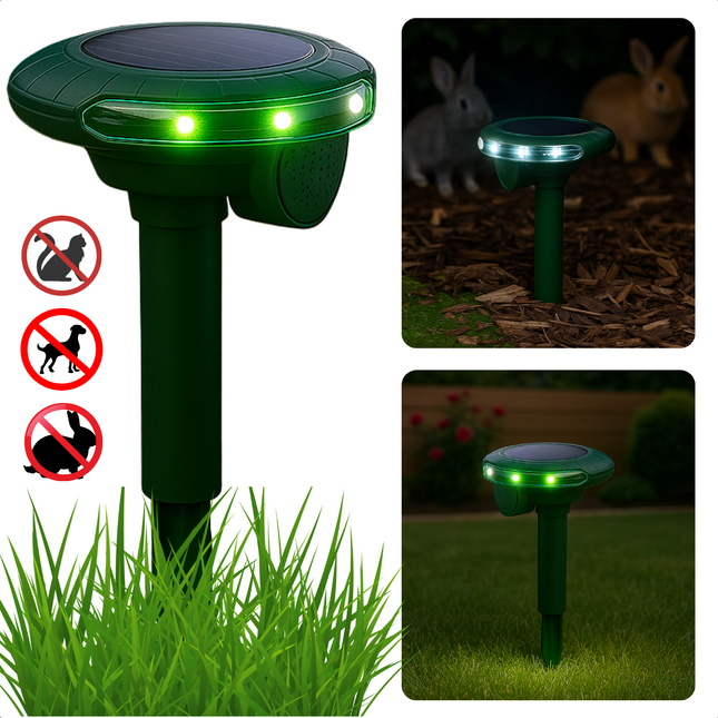 Cheqo® Solar Dierenverjager met Bewegingssensor – Ultrasone Kattenverjager & Marterverjager – LED-Flitslicht – Waterdicht Ontwerp – Milieuvriendelijk – Voor Buitengebruik – Zonnepaneel – Tuin Bescherming – Diervriendelijke Ongedierte Verjager