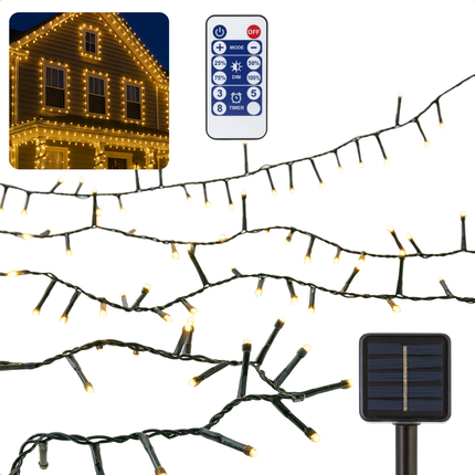 Cheqo® Solar Lichtsnoer - Kerstverlichting Buiten - Kerstboomverlichting - Cluster Verlichting - 11 Meter - 560 Led - Met Afstandsbediening - Warm Wit Licht - Tuinverlichting Op Zonne-Energie - Sfeerverlichting Buiten - Lichtslinger - Met Timer