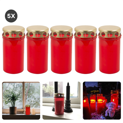 Cheqo® Herdenkingslicht Set - Noveenkaarsen - Noveenkaars - Herdenkingslichten Set - Rood/Goud - Grafkaarsen met Deksel - 5 Stuks - Voor Buiten
