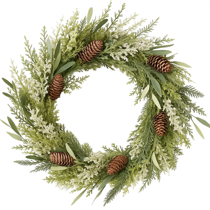 Cheqo® Groene Kerstkrans - Ø50 cm - Dennenappels - Dennentakken - Langwerpige Blaadjes - Natuurlijke Uitstraling - PE Materiaal - Deurdecoratie - Wanddecoratie - Kerstversiering - Binnen En Buiten - Sfeervolle Decoratie - Deurkrans