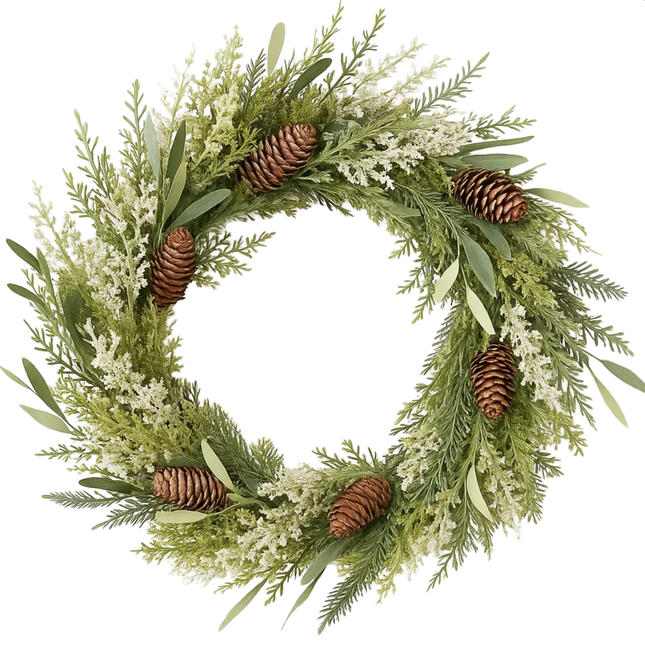 Cheqo® Groene Kerstkrans - Ø50 cm - Dennenappels - Dennentakken - Langwerpige Blaadjes - Natuurlijke Uitstraling - PE Materiaal - Deurdecoratie - Wanddecoratie - Kerstversiering - Binnen En Buiten - Sfeervolle Decoratie - Deurkrans