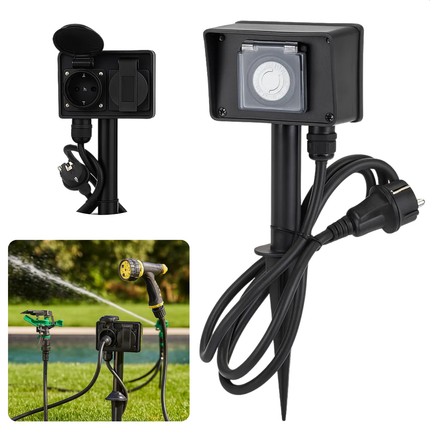 Cheqo® Tuinstekkerdoos Met Timer - 2 Stopcontacten - Zwart - Buitenstopcontact - Timerfunctie - Outdoor Gebruik - Elektrische Aansluiting - Tuinaccessoires - Ideaal voor Kerst