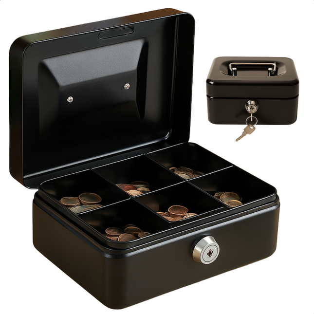 Cheqo® Geldkistje Metaal Zwart – Geldkist met Sleutel – 6 Vakken Muntgeld – Briefgeld Vak – Compact Formaat 15x8x11,8 cm – Draagbaar – Duurzaam – Veilig Opbergen – Incl. 2 Sleutels – Muntsorteerder – Stevig Sleutelslot