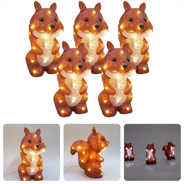 Cheqo® Kerstverlichting Acryl - Verlicht Kerstfiguur - LED Eekhoorn Set - Buiten & Binnen - 7x11xH13 cm - Timerfunctie