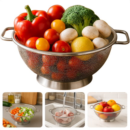 Cheqo® Roestvrij Staal Zeef - RVS Vergiet - Fijne Meshstructuur - Groenten Afgieten - Pasta Spoelen - Fruit Wassen - Compacte Zeef - Functioneel Vergiet - Kleine Vergiet - Zilveren Zeef - Ronde Zeef - Zeef Met Handgrepen - Stabiel Op Aanrecht