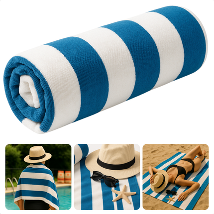 Cheqo® XL Strandlaken Katoen - Strandkleed - Gestreept Blauw/Wit - Absorberend en Groot