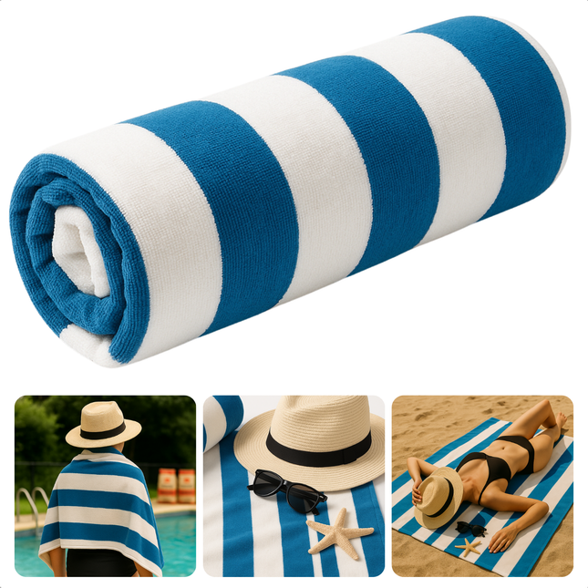 Cheqo® XL Strandlaken Katoen - Strandkleed - Gestreept Blauw/Wit - Absorberend en Groot