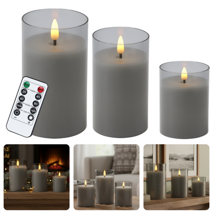 Cheqo® LED Kaarsen Set – Inclusief Afstandsbediening – Grijs Glasdesign – Werkt op Batterijen – Timerfunctie – Dimbare Verlichting – Twee Lichtstanden – Decoratieve Kaarsen – Elektrische Kaarsen - LED Kaars