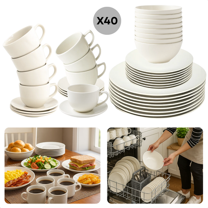 Cheqo® Serviesset 8 Persoons - 40-Delige Serviesset - Witte Serviesset - Aardewerk Servies - Vaatwasserbestendig Servies - Magnetronbestendig Servies - Elegante Tafelsetting - Borden En Kommen - Kopjes Met Schotel - Ronde Borden