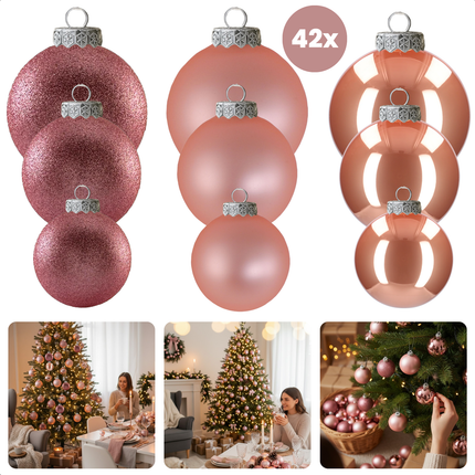 Cheqo® Kerstballen Set - Roze Kerstballen - Glazen Kerstballen - Kerstboom Decoratie - Chique Uitstraling - Feestelijke Kerstversiering - Ø7 cm Kerstballen - Matte Kerstballen - Glimmende Kerstballen - Glitter Kerstballen
