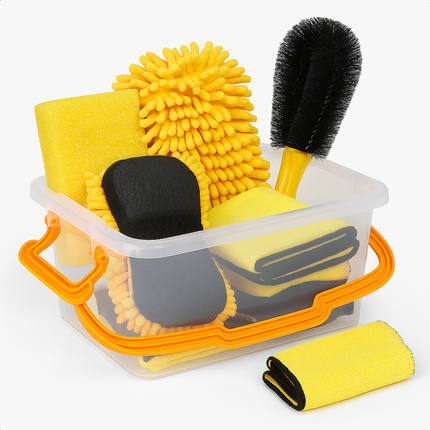 Cheqo® Auto Schoonmaakset - Car Cleaning Set - Velgenborstel - Schoonmaakdoeken - 2-In-1 Spons - Insectenspons - Auto Interieur Reiniging - Auto Exterieur Reiniging - Opbergbox Auto - Auto Poets Set - Auto Wassen - Auto Detailing