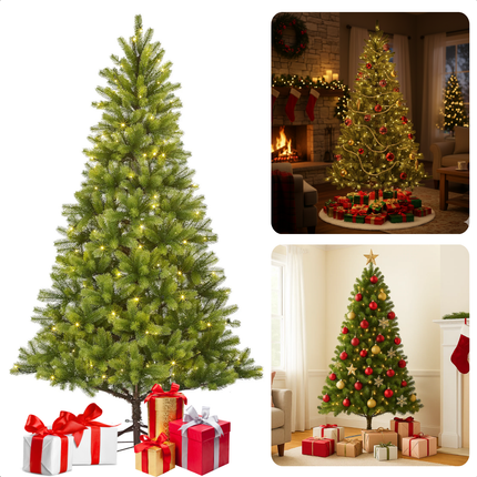 Cheqo® Kunstkerstboom Met LED-Verlichting - LED-Lampjes Warm Wit - Natuurlijke Uitstraling - Volle Kerstboom - Scharnier Constructie - Luxe Takverdeling - 180 CM Kerstboom - Groene Kerstboom - Eenvoudig Op Te Zetten