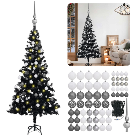 Cheqo® Zwarte Kerstboom - Kunstkerstboom 150 cm - Met LED-Verlichting en Kerstballen - PVC - Energiezuinig